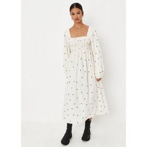 Missguided Smocked Long Sleeve Heart Print Midi Dress